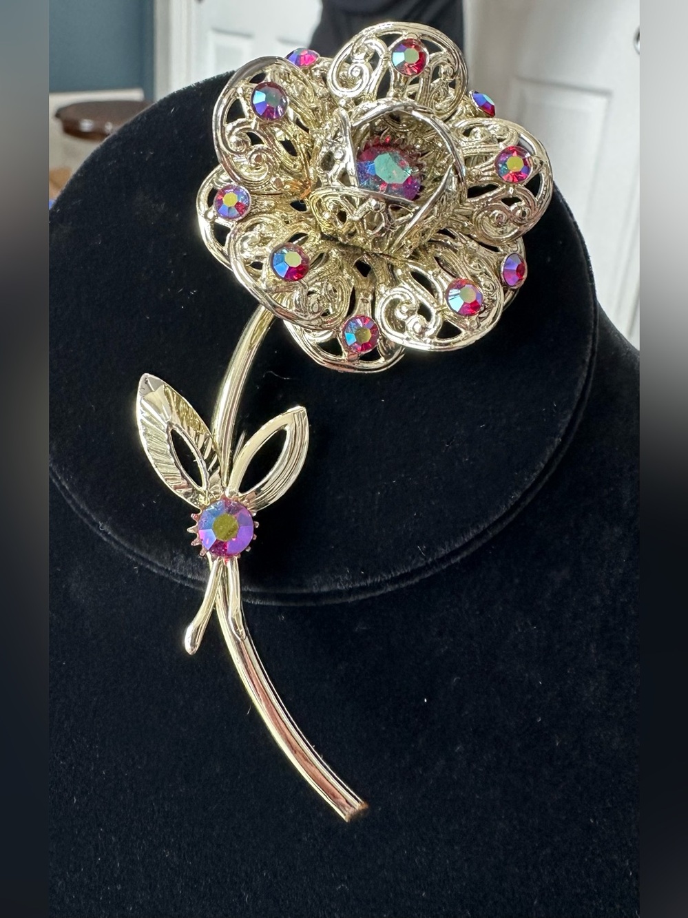 Sarah Coventry Vintage Gold Floral Crystal Brooch - Pink Aurora Borealis Accents